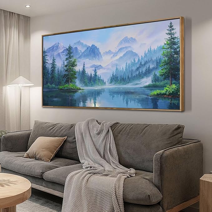 Ardemy Landscape Wall Art Canvas for Living Room Mountain Lake Nature Bedroom Painting Textured Misty Forest Scenery Picture Green Blue Artwork Home Office Decor, Wood Framed Large 40"x20"
