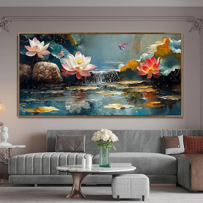 Anolyfi Lotus Canvas Wall Art for Living Room, Zen Yoga Decor Pink Large Picture Bedroom Painting Textured Artwork for Spa Bathroom Hallway Kitchen Room Office Home Decor, Wood Framed 58"x29"