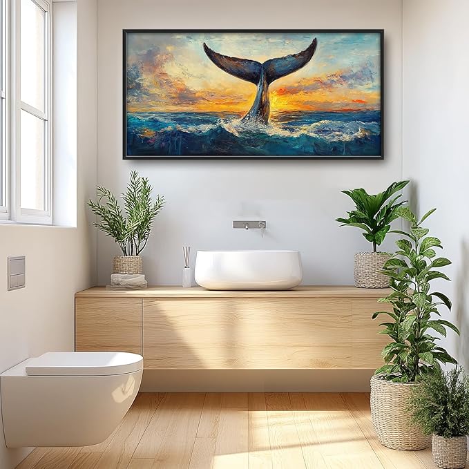 SweetFox Extra Large Whale Tail Framed Wall Art for Living Room, Coastal Ocean Whale Pictures Oversized Wall Decor Abstract Big Canvas Painting Print Artworks for Bathroom Master Bedroom 60L X 30W