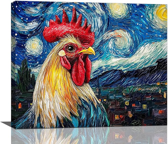 Olivine Rooster Wall Art, Vintage Chicken Pictures Wall Decor, Starry Night Painting Farmhouse Rooster Canvas Prints, Framed Artwork for Bathroom Bedroom Living Room Office Home Decoration 24"x20"