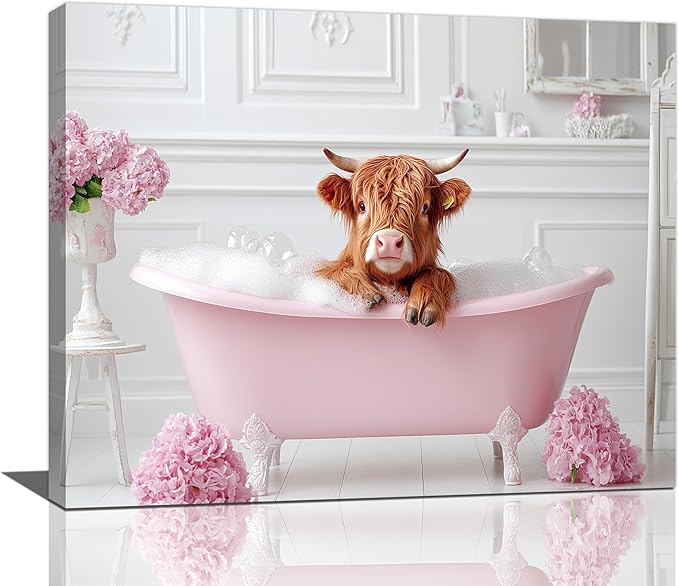 Bathroom Cow Wall Art Highland Cow Wall Decor Pink Pictures Canvas Painting Framed Artwork Home Decorations for Toilet Lavatory Living Room Bedroom 24"x20"