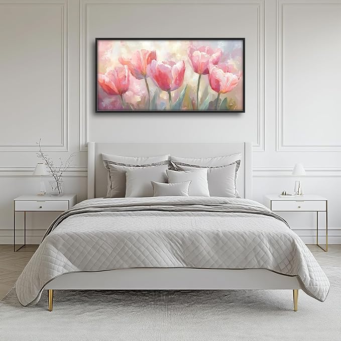 Kylora Tulip Wall Art Pink Tulips Pictures Wall Decor Pink Flowers Large Master Over Above Bed Canvas Prints Horizontal Modern Artwork Painting Home Office Decorations For Kitchen Bedroom 30"x60"