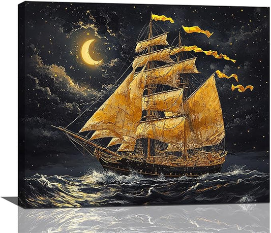 Olivine Sailboat Wall Art, Nautical Pictures Wall Decor, Ocean Seascape Painting, Coastal Night Canvas Prints, Framed Artwork for Bathroom Bedroom Living Room Office Home Decoration 24"x20"