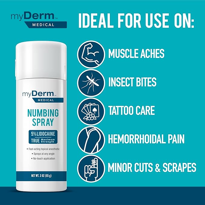 Myderm Medical Numbing Spray - 4.5oz - Maximum Strength 5% Lidocaine with Phenylephrine HCl and Witch Hazel - Fast-Acting Reliever with A Touch-Free Application - First Aid Supplies - Made in USA