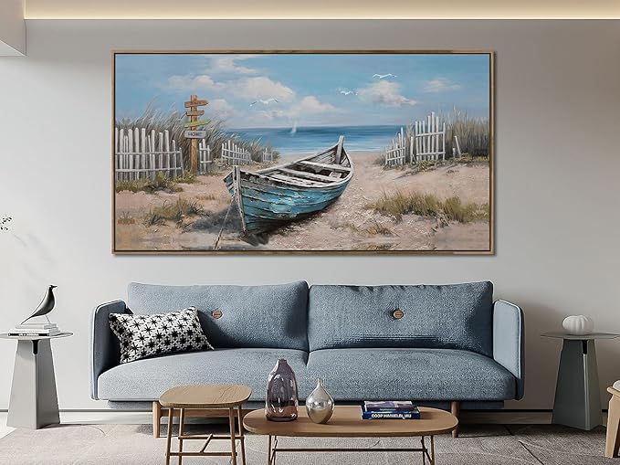 Ardemy Framed Blue Wall Art for Bedroom Canvas Picture Oversize Wall Decor Living Room, Textured Painting Beach Seascape Picture Artwork, Extra Large 58"x29"