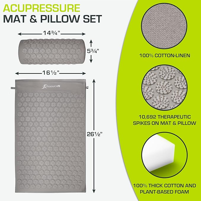 ProsourceFit Acupressure Mat and Pillow Set for Back/Neck Pain Relief and Muscle Relaxation, Large - Gray/Gray