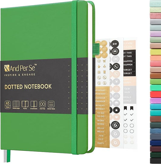 &And Per Se Dotted Journal Notebook, A5 Hardcover Bullet Dotted Journal, 160 Pages 100 gsm Thick Paper, 3 Sheets of Stickers Included - 5.7'' x 8''（Emerald）