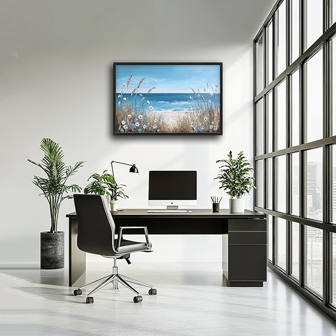 Coastal Beach Wall Art Ocean Wild Flower Pictures Wall Decor Large Canvas Prints Paintings Home Office Decorations Framed Artwork for Living Room 36"x24"