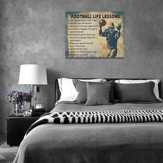 Farmhouse Football Wall Art For Boy Room Rustic Football Life Lessons Wall Decor Retro Football Sign Canvas Painting Artwork Home Decorations for Man Teenager Office Bedroom Living Room 16"x12"