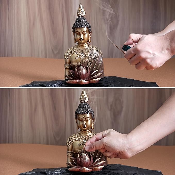 Buddha Statue with Lotus Incense Holder, Buddha Statues for Meditation Zen Spiritual Room feng Shui Yoga Home Decor Accents, Gold Buddah Buda Budda,Shelf Bookshelf Table Decoration