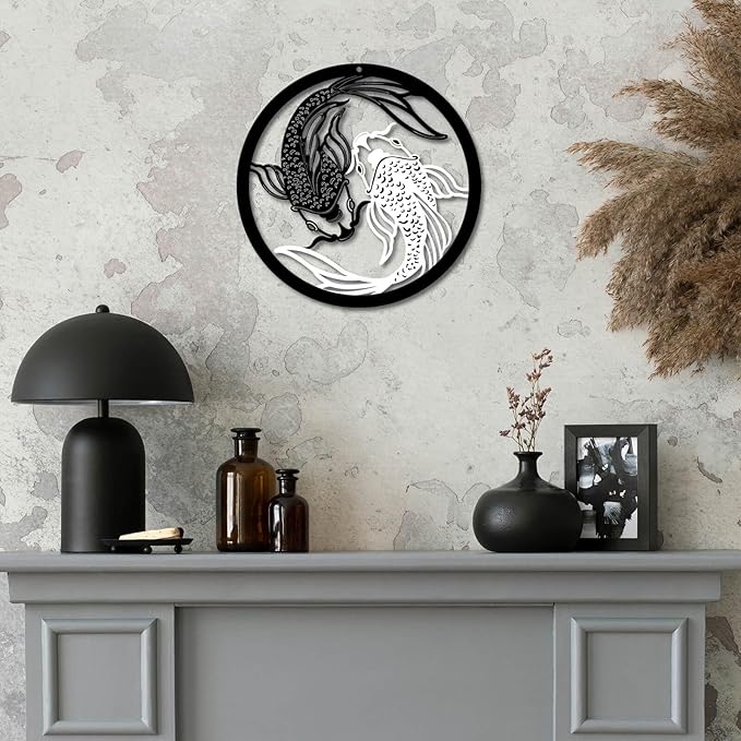 Creoate Black and White Metal Wall Art for Bathroom, Zen Decor Japanese Wall Art Koi Fish Artwork for Home Office Decoration, 12x12 Inches