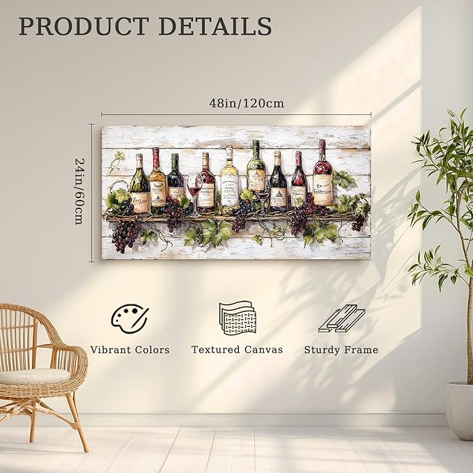 crmotu Wine Bottle Still Life Wall Art, Vintage Kitchen Large Canvas Paintings, Rustic Dining Room Artwork for Walls, Modern Pictures Wall Decor for Home Bar Wine Tasting Room Art Prints 24x48inch
