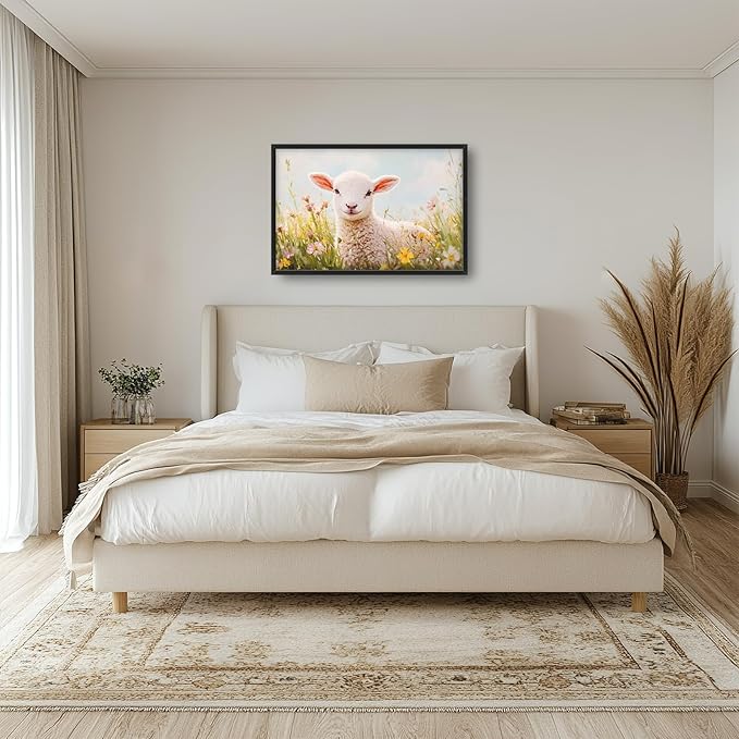Kylora Lamb Wall Art Sheep Pictures Wall Decor Flower Field Prints Modern Artwork Christian Painting Home Office Decorations For Kitchen Bathroom Bedroom Dining Living Room 36"x24"