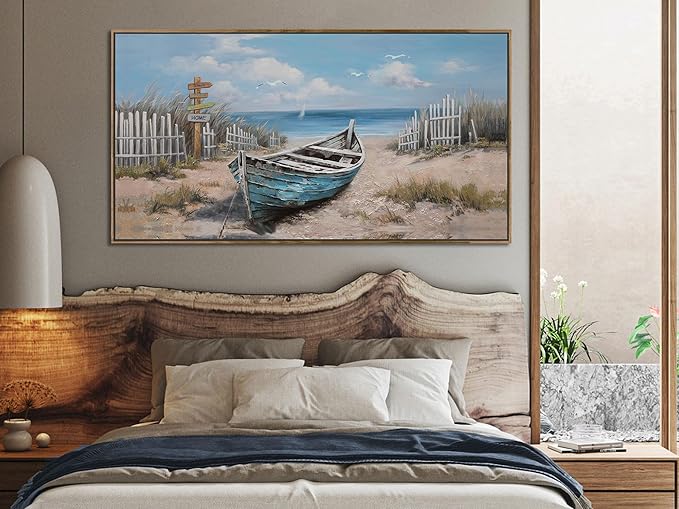 Ardemy Framed Blue Wall Art for Bedroom Canvas Picture Oversize Wall Decor Living Room, Textured Painting Beach Seascape Picture Artwork, Extra Large 58"x29"