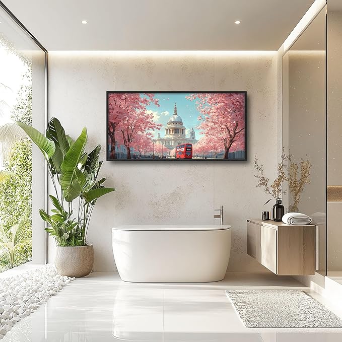 London Paul’s Cathedral Large Wall Art Cityscape Cherry Blossom Pictures Wall Decor Street Scene Canvas Spring Print Painting Modern Artwork Home Decoration for Living Room Bathroom Bedroom Office Framed 60"x30"