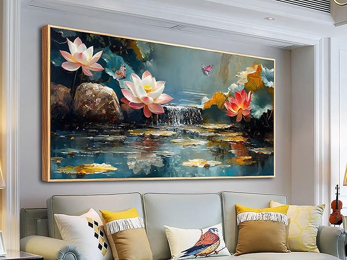 Anolyfi Lotus Canvas Wall Art for Living Room, Zen Yoga Decor Pink Large Picture Bedroom Painting Textured Artwork for Spa Bathroom Hallway Kitchen Room Office Home Decor, Wood Framed 58"x29"