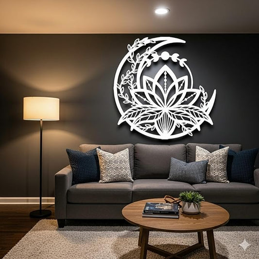 GOWPENART Moon and Lotus Metal Wall Art – Modern Boho Wall Decor, Large Mandala Style Metal Wall Hanging for Living Room, Bedroom, Meditation and Home Decoration (White)