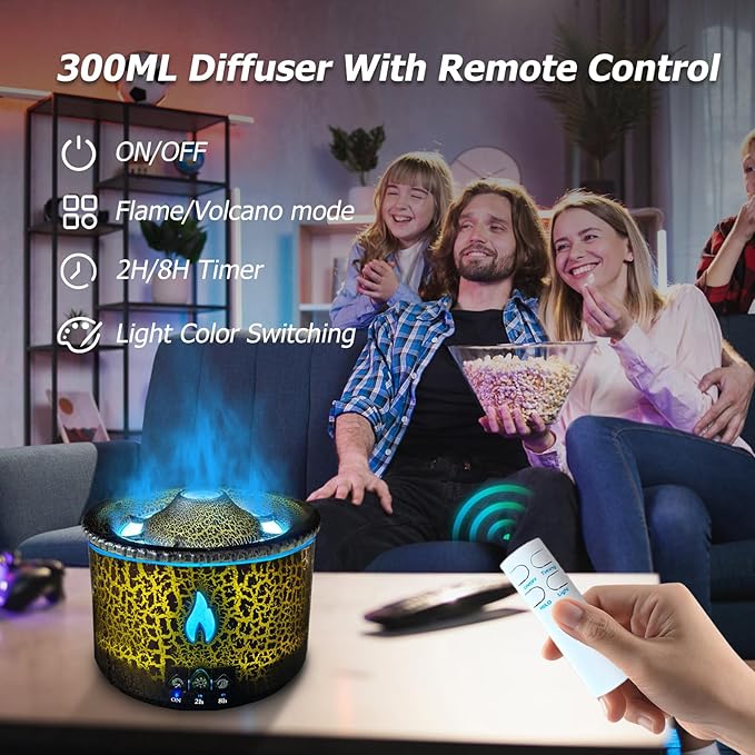Volcano Diffuser, Essential Oil Diffuser 300ml Volcano Humidifier with Flame & Volcano Mist Mode, 2 Colors, Timer, Auto Shut-Off, Remote Control, Flame Diffusers for Home Bedroom Black