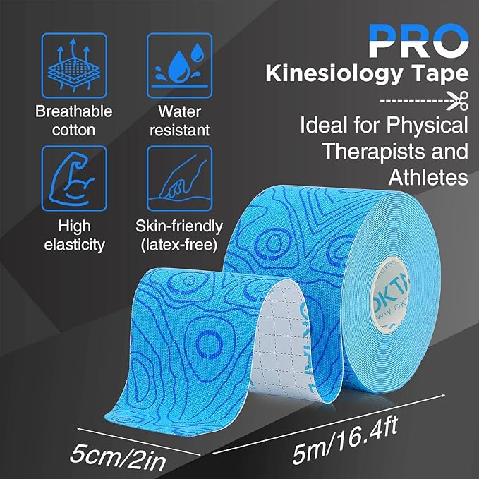OK TAPE PRO Kinesiology Tape Uncut Roll, Elastic Physical Therapy Athletic Tape for Pain Relief, Muscle Support, Kinetic Tape, Water Resistant, 2in X 16.4ft -Blue