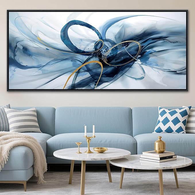XLSJERST Abstract Wall Decor Living Room - 86x39 Inches Modern Canvas Wall Art Blue and White Picture Artwork for Office Bedroom Home Decoration