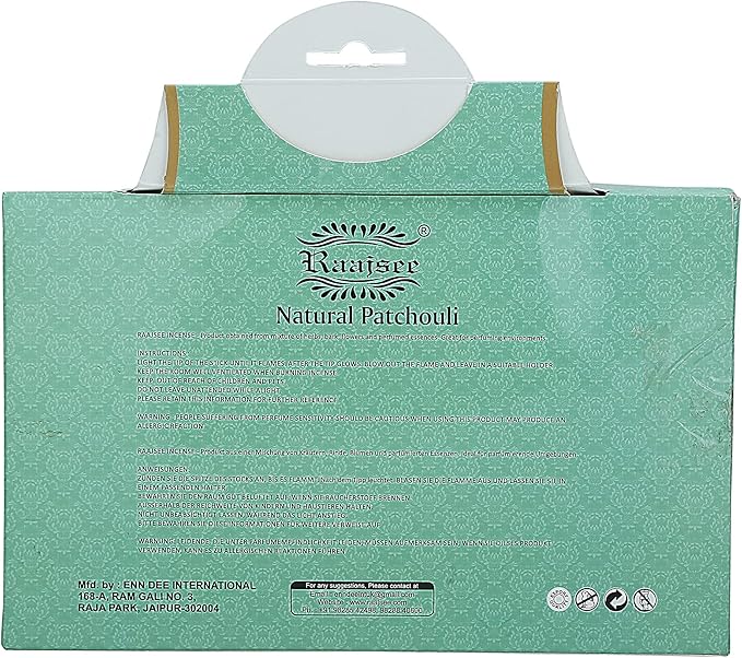 Raajsee Incense Sticks Natural Patchouli 15 Sticks x 5 Pack -100% Pure Organic Hand Rolled Free from Chemicals -Perfect for Church Aromatherapy, Stress Relief, Meditation