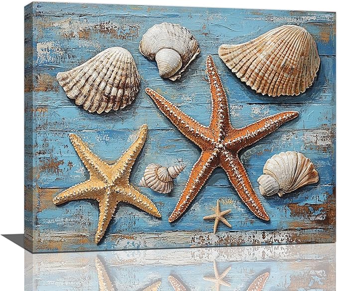 Olivine Seashell Wall Art, Coastal Starfish Pictures Wall Decor, Beach Theme Painting, Blue Seashell Canvas Prints, Framed Artwork for Bathroom Bedroom Living Room Office Home Decoration 20''x16''