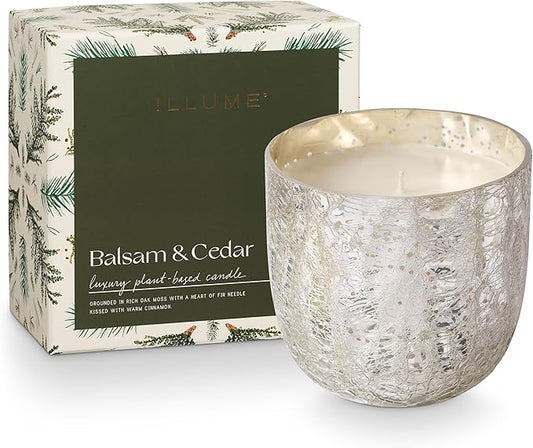 ILLUME Large Boxed Crackle Glass Candle, Balsam & Cedar