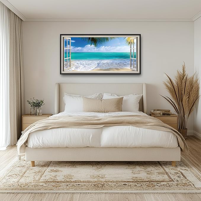 Beach Wall Art Ocean Palm Pictures Wall Decor Window Coastal Large Canvas Prints Paintings Home Office Decorations Framed Artwork for Living Room 60"x30"