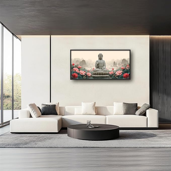 Glocmna Large Buddha Wall Art for Living Room Zen Buddha Lotus Canvas Wall Decor Big Meditation Pictures Painting Print Framed Artwork Decorations Gifts for Bedroom Home Spa Yoga Room Office Hotel 30"x60"