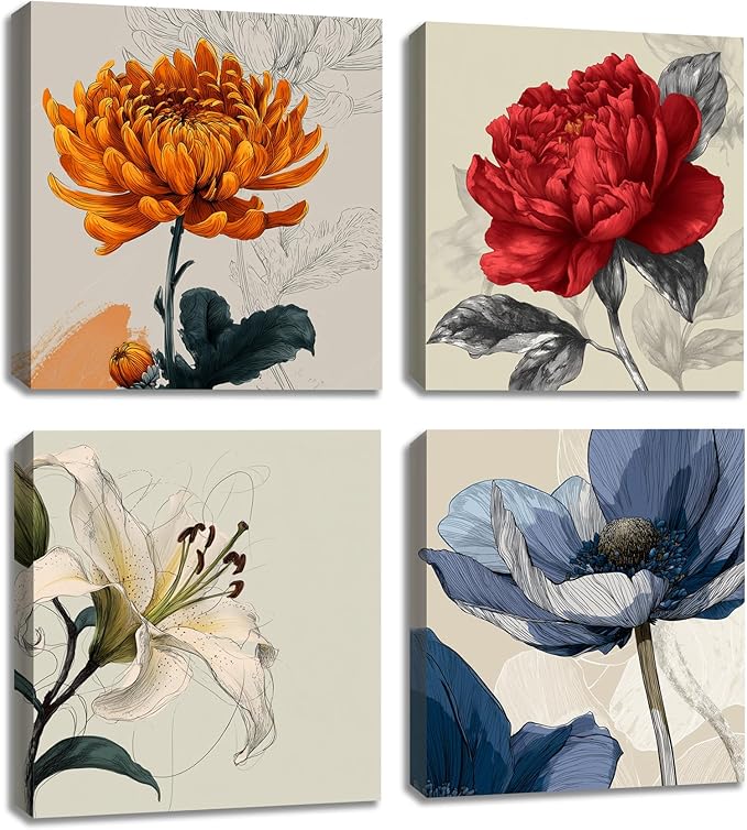 Framed Botanical Wall Art for Living Room Rustic Boho Floral Canvas Paintings Prints Flower Pictures for Farmhouse Hallway Bedroom Dining Room Bathroom Office Wall Decor ArtWork for Wall