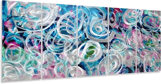 RICHSPACE ARTS Abstract Metal Wall Art with 3D Textured Swirls 5 Pieces Blue and Pink Modern Wall Decor Large Hanging Sculptures for Living Room Bedroom Office Home Gift Ideas