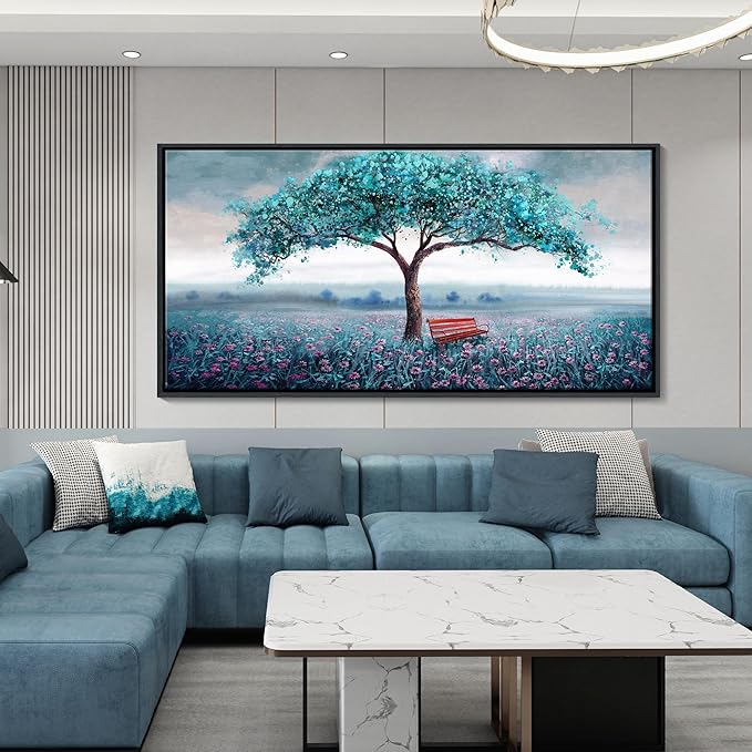KLAKLA Extra Large Tree Wall Art - Teal Blue Nature Tree of Life Abstract Canvas Painting for Living Room Modern Large Panoramic Landscape Framed Artwork for Bedroom Office Home Decor