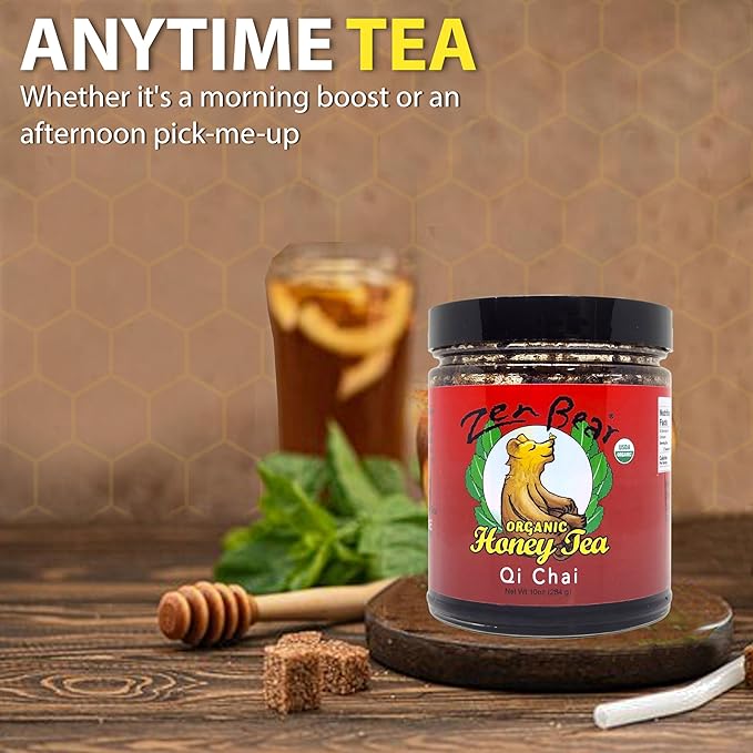 Zen Bear Organic Qi Chai Honey Tea - Rich India-Inspired Flavor Infused with Premium Black Tea, Cinnamon, Cardamom, Cloves, and Black Pepper, Sweetened Naturally with Raw Honey | 10 Oz Jar