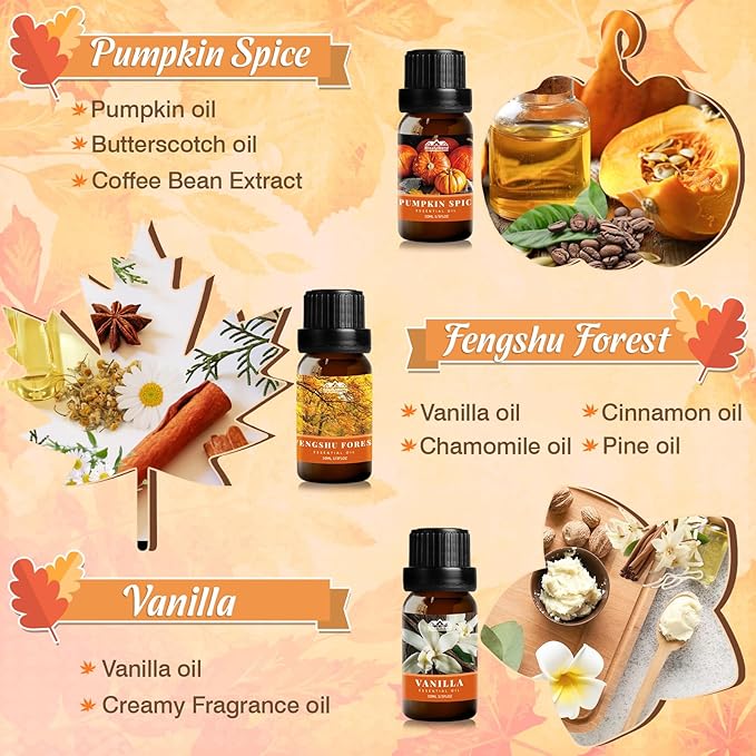 Fall Essential Oils Set for Home, Hotel and Car, Fragrance Oil Gifts Set for Oil Diffusers, with Pumpkin Spice, Harvest Spices and Vanilla, Autumn Essential Oil for Candle and Soap Making 6 Pack 10ML