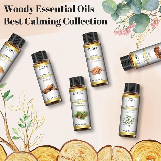 10ml Woody Essential Oils Set - Pure & Nature Essential Oils for Aromatherapy, Diffuser, Candle Making, Massage - Eucalyptus, Cedarwood, Sandalwood, Frankincense, Cinnamon