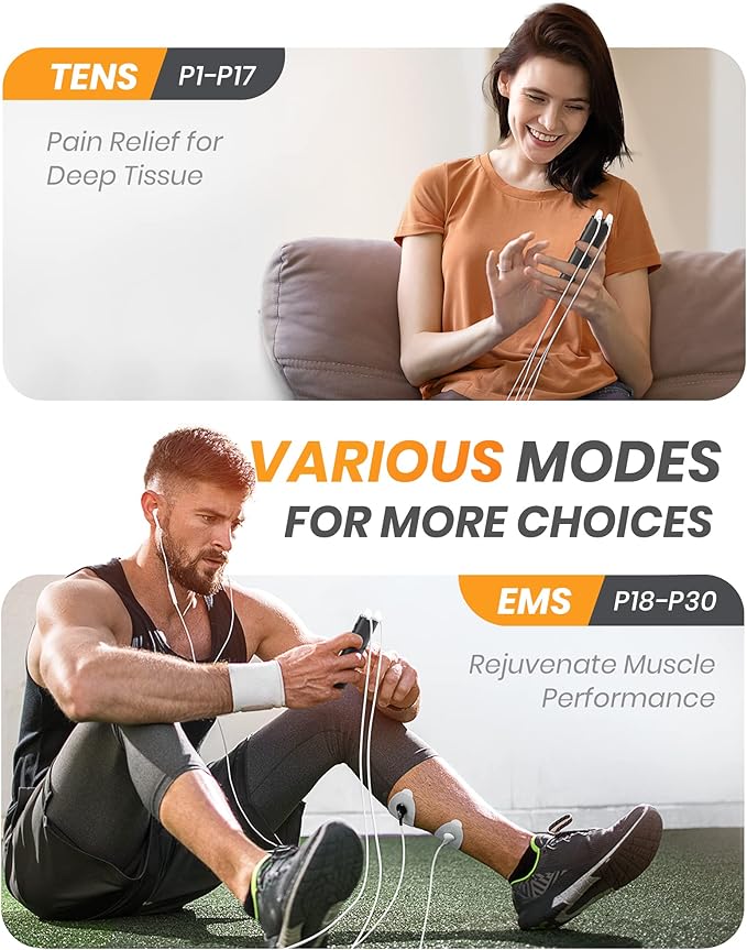 30 Modes TENS EMS Unit Compact Muscle Stimulator for Pain Relief of Back, Shoulder, Neck, Rechargeable & Portable Dual Channel EMS Muscle Stimulator with 30 Intensity Levels, 12 Electrode Pads