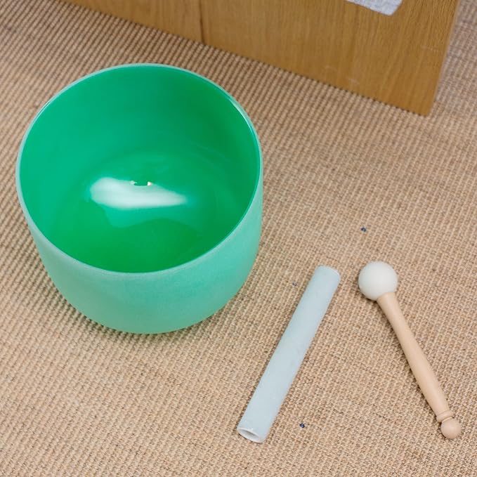 Leize Quartz Crystal Singing Bowl F Note 432 hz Heart Chakra Green 9" with Suede Striker