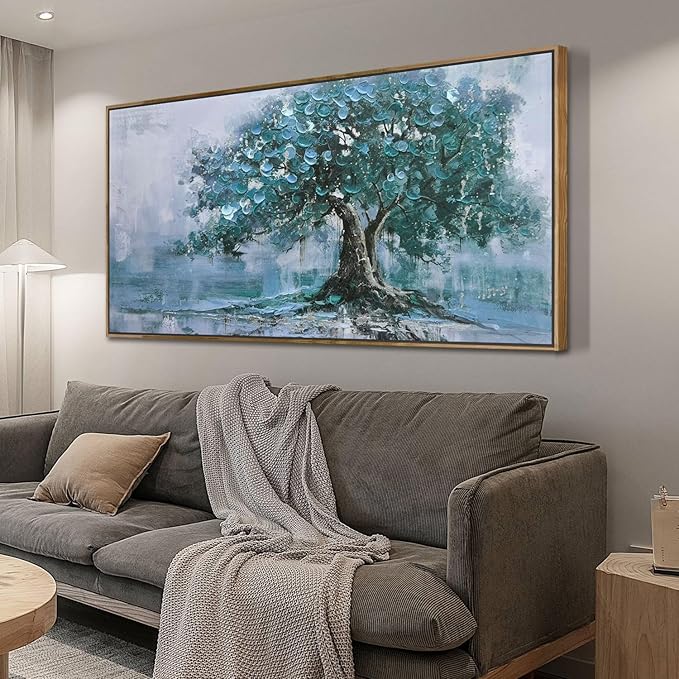 Ardemy Tree Canvas Wall Art for Living Room Teal Tree of Life Landscape Bedroom Picture Modern Nature Painting Blue Artwork Home Office Dining Room Kitchen Wall Decor, Large Wood Framed 48"x28"