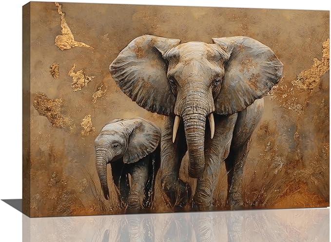 Elephant Wall Art African Animal Pictures Elephant Family Canvas Painting Decoration Artwork Framed Wall Decor Gifts for Women Girl Living Room Kids Bedroom 16"x24"