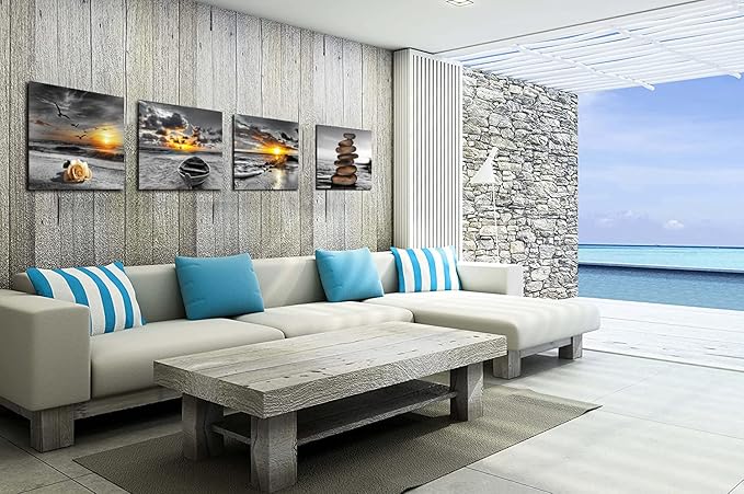 Bamdeya Black and White Gold Wall Decor Sea Sunset Beach Wall Art Seascape Zen Painting Sunrise Wall Picture Ocean Canvas Print for Living Room Bedroom Bathroom Home Wall Decoration Framed Wall Art