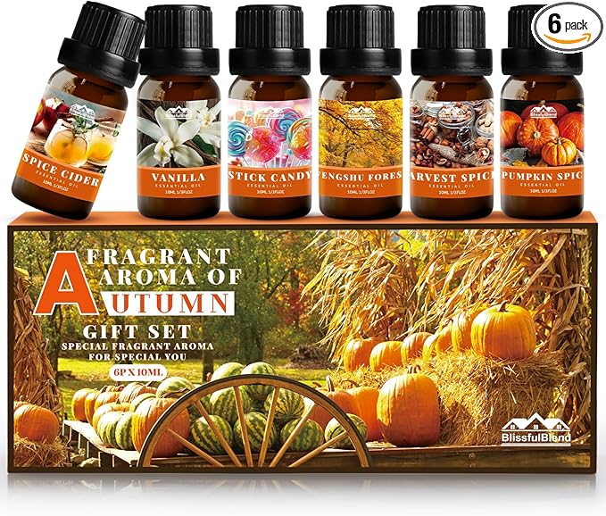 Fall Essential Oils Set for Home, Hotel and Car, Fragrance Oil Gifts Set for Oil Diffusers, with Pumpkin Spice, Harvest Spices and Vanilla, Autumn Essential Oil for Candle and Soap Making 6 Pack 10ML