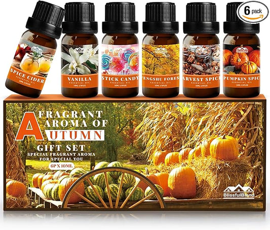 Fall Essential Oils Set for Home, Hotel and Car, Fragrance Oil Gifts Set for Oil Diffusers, with Pumpkin Spice, Harvest Spices and Vanilla, Autumn Essential Oil for Candle and Soap Making 6 Pack 10ML