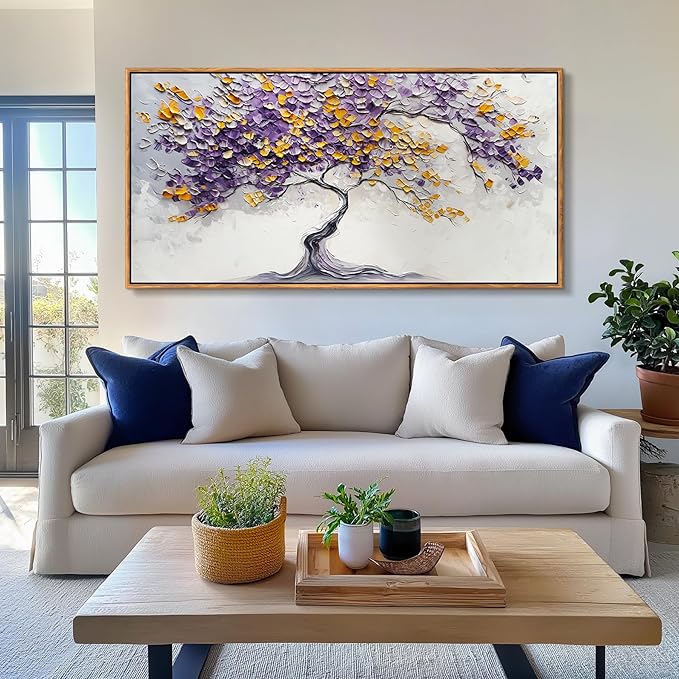 crmotu Tree of Life Large Framed Wall Art, Purple Tree Abstract Art Wall Decor, Modern Neutral Plant Canvas Prints, Minimalist Wall Pictures for Living Room Bedroom Yoga Office Decorations 30x60inch