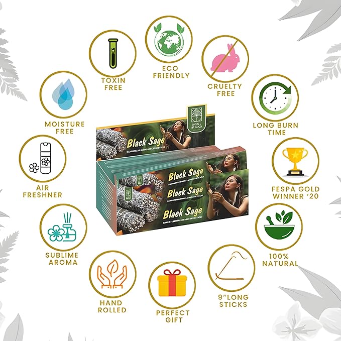 SOUL STICKS Hand-Rolled Incense Sticks Mystic Spirit Blends 180 Gram 12 Pack Box | 100% Natural Masala Incense Organic Home Fragrance Agarbatti (Black Sage)