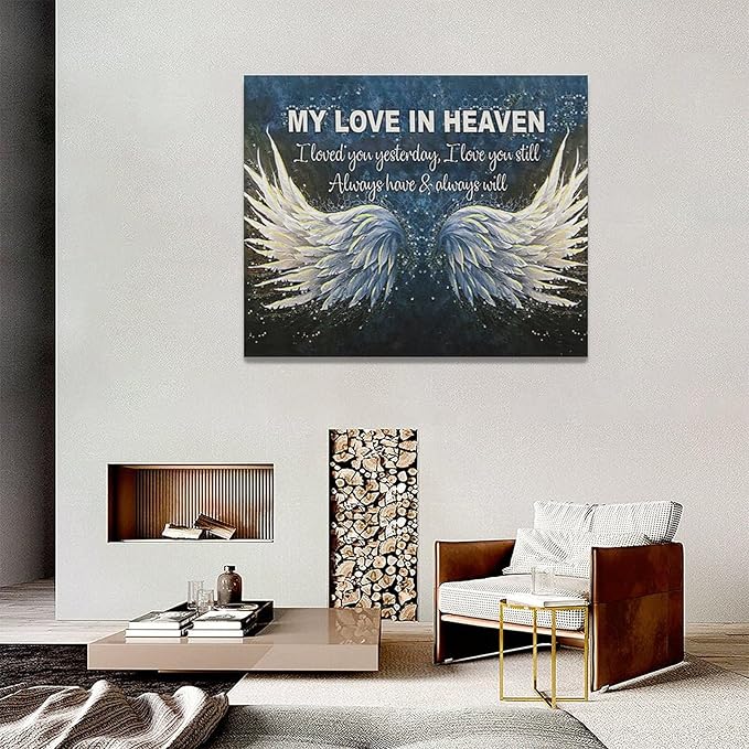 Fleruku Angel Wings Wall Art Memorial Motivational Wall Decor Wings My Love In Heaven Pictures Canvas Painting Artwork Home Decorations for Living Room Bedroom Bathroom Office 20"x16"