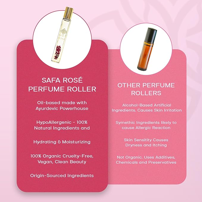 SAFA Rosé Organic Rose Oil Perfume Roller | Bulgarian Damask & Indian Rose Petals | 10 mL Long Lasting Perfume Oil for Women & Men | Non-Toxic, Alcohol-Free & Travel Friendly