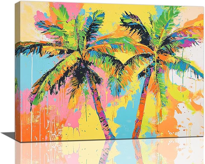 Olivine Tropical Wall Art, Palm Tree Pictures Wall Decor, Graffiti Painting, Colorful Summer Canvas Prints, Framed Artwork for Bathroom Living Room Bedroom Office Home Decoration 16"x12"