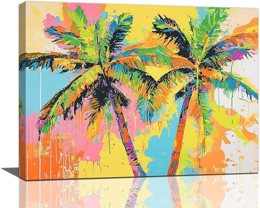 Olivine Tropical Wall Art, Palm Tree Pictures Wall Decor, Graffiti Painting, Colorful Summer Canvas Prints, Framed Artwork for Bathroom Living Room Bedroom Office Home Decoration 16"x12"