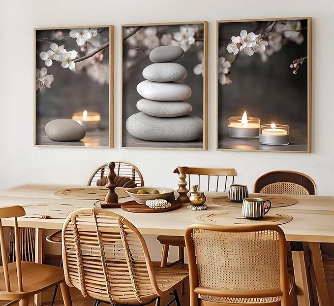 ZHJIOFXG Zen Flowers Wall Art, Zen Cherry blossoms Painting Picture Wall Decor, Stones Candlelight Poster Print, Calm Relaxation Meditation Artwork for Office Living Room Bedroom 12x16 in Unframed