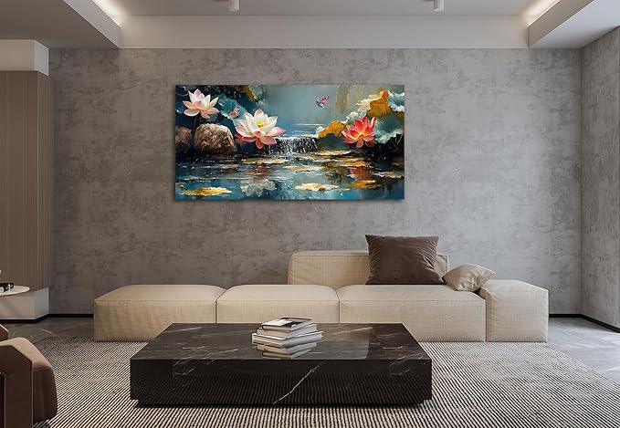 Anolyfi Lotus Canvas Wall Art for Living Room, Zen Yoga Decor Pink Large Picture Landscape Bedroom Painting Textured Artwork Framed for Spa Bathroom Hallway Kitchen Room Office Home Decor 40"x20"